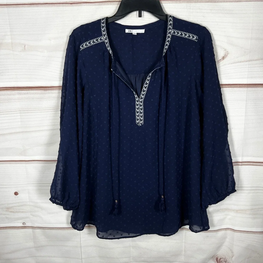 DR2 Chiffon Blouse Womens‎ Large Navy Blue Swiss Dot Embroidered V-Neck Tassel